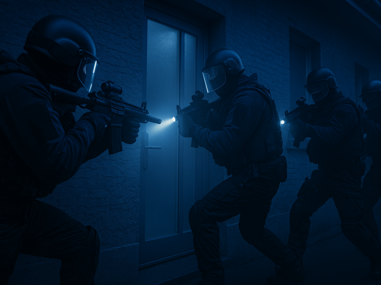 unterstüzung Vier schwer bewaffnete Personen in taktischer Ausrüstung durchqueren einen dunklen Flur.